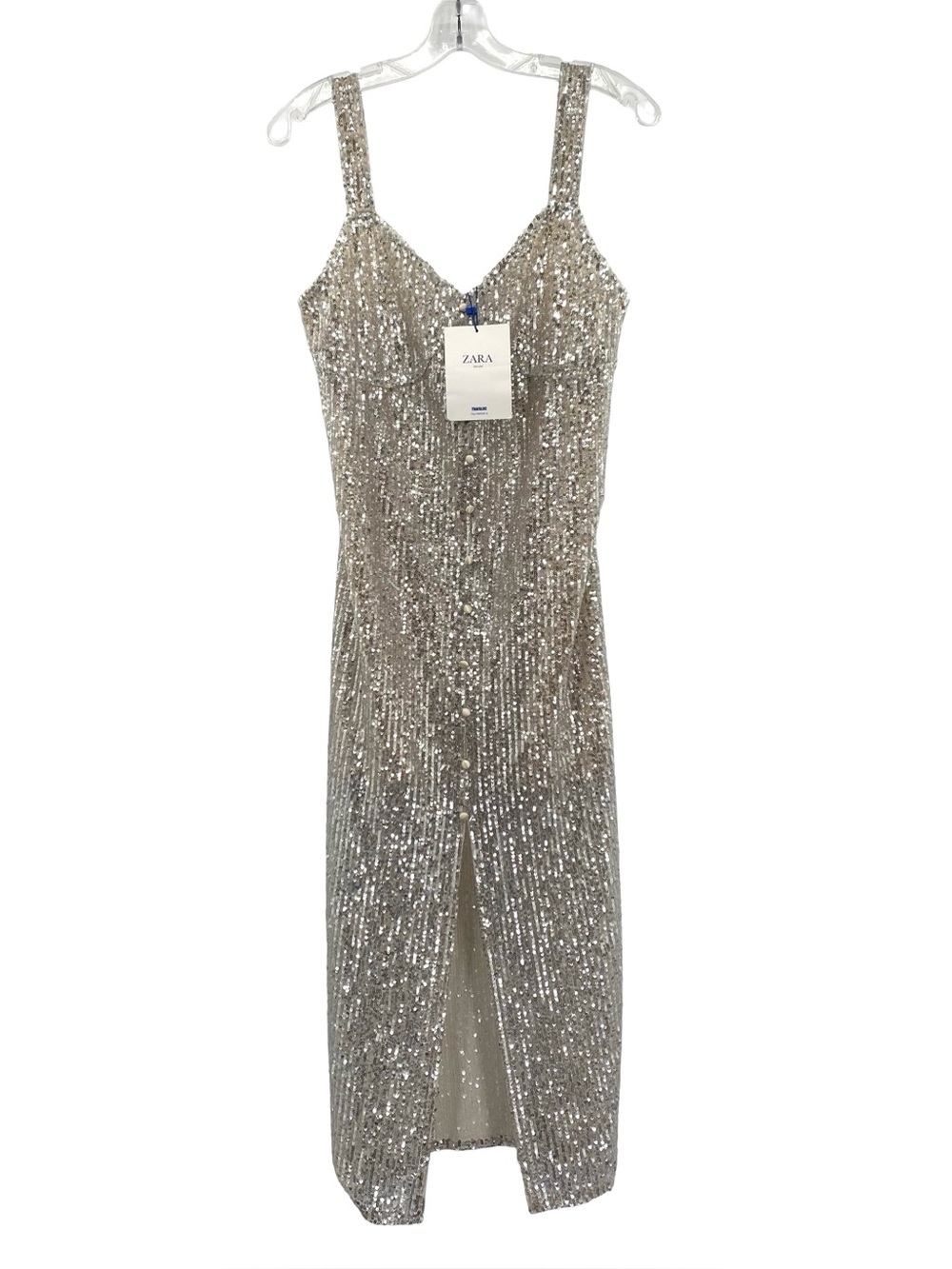 Zara Trafaluc Silver Sequin Midi Dress Button Front Slit Size Medium New